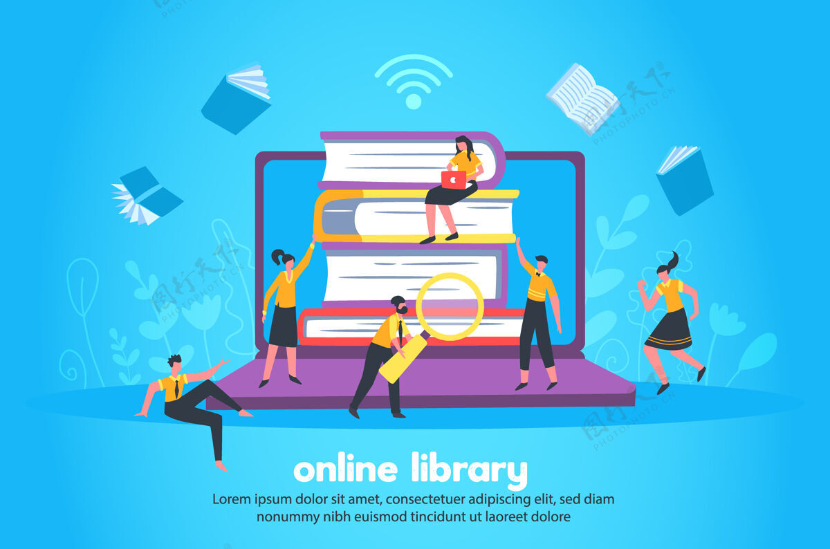 大网上图书馆与书堆和笔记本大图像wi-fi标志和小人物雕像平面风格标志图书馆
