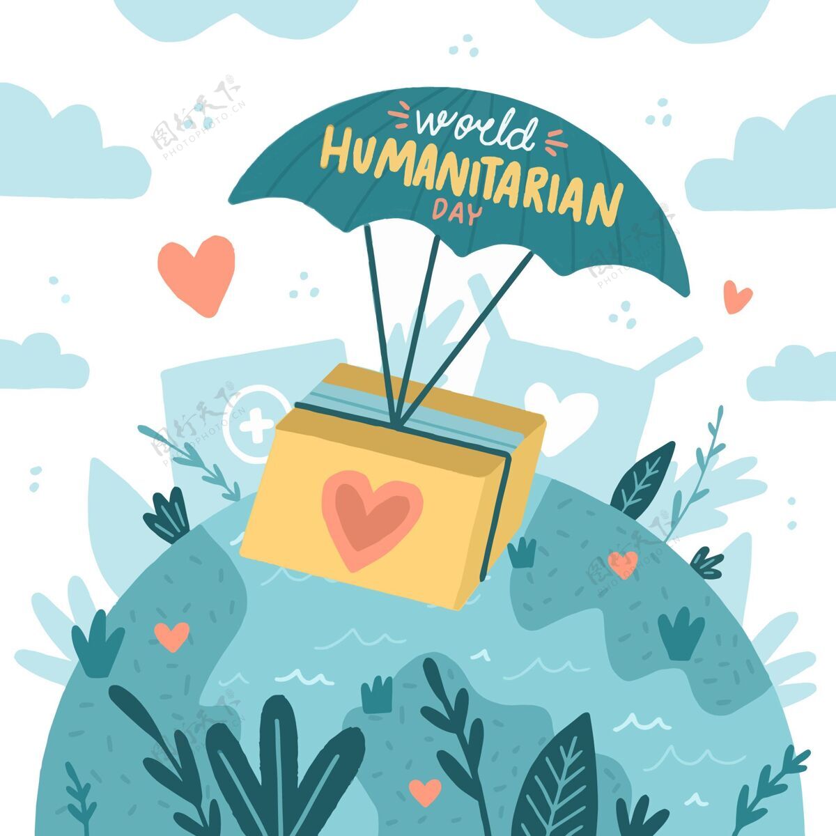 慈善手绘世界人道主义日插画援助Whd全球