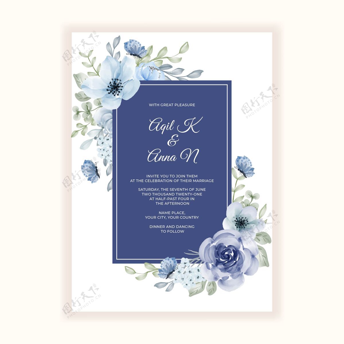 叶子婚礼请柬用漂亮的花框蓝色开花水彩保存日期
