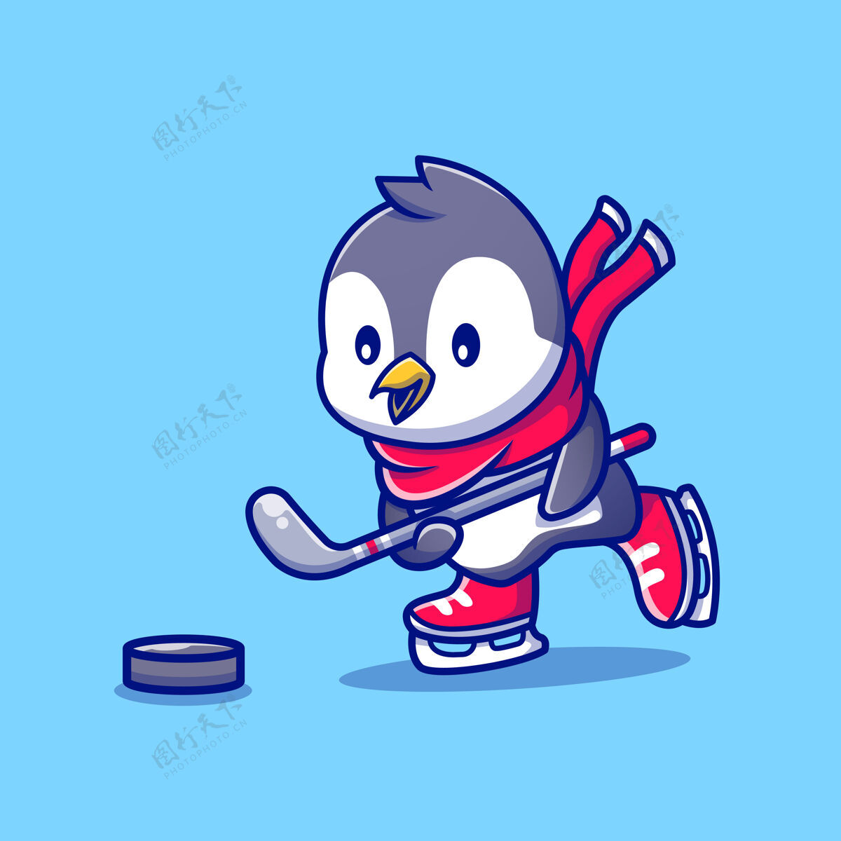 吉祥物可爱的企鹅打曲棍球卡通人物动物运动孤立冰冻鞋健康