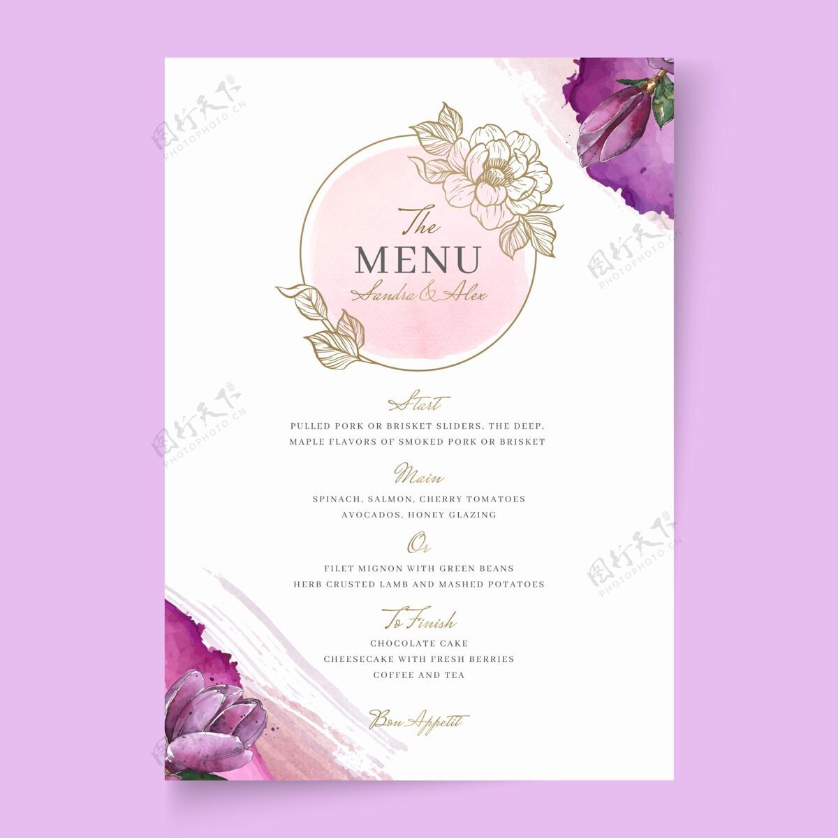 保存日期花卉婚礼菜单模板菜单婚礼准备打印