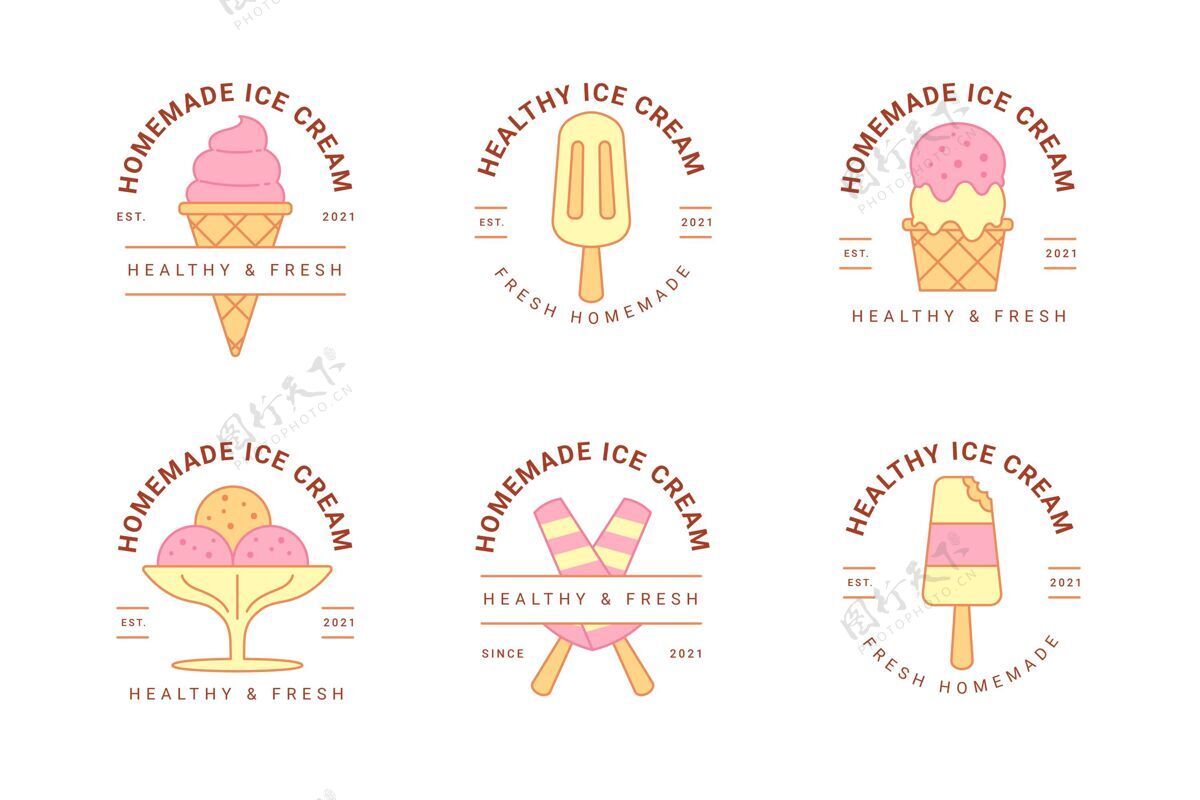 套餐线性扁平冰淇淋标签收集甜点美味平面设计