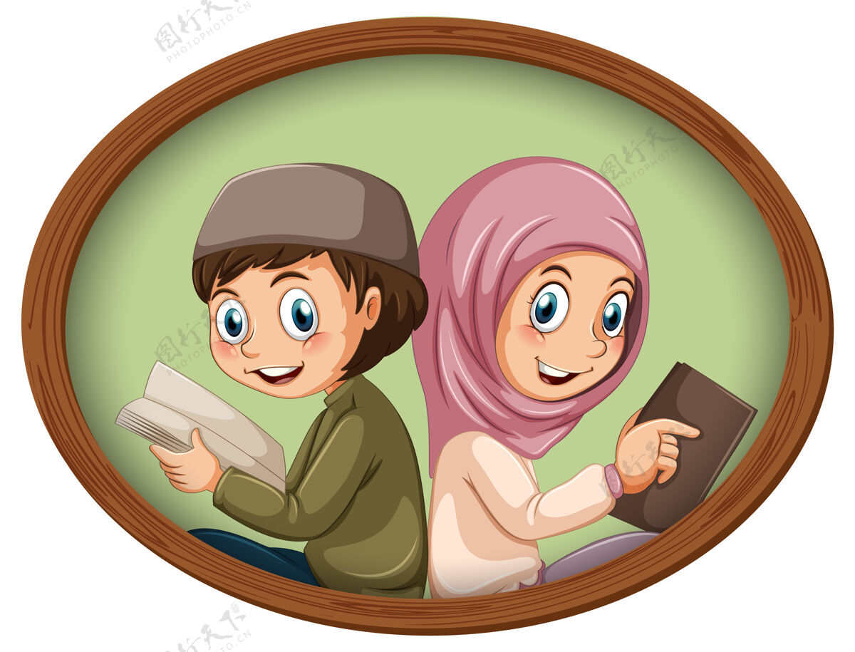 木头可爱的穆斯林男孩和女孩的木架照片情侣卡通情感