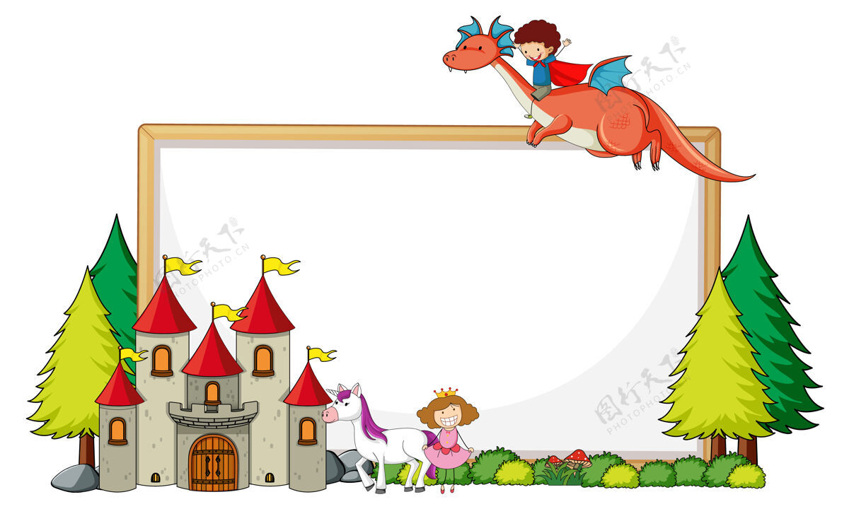 小空空的旗帜上有城堡和一个骑着龙的男孩骑卡通想象