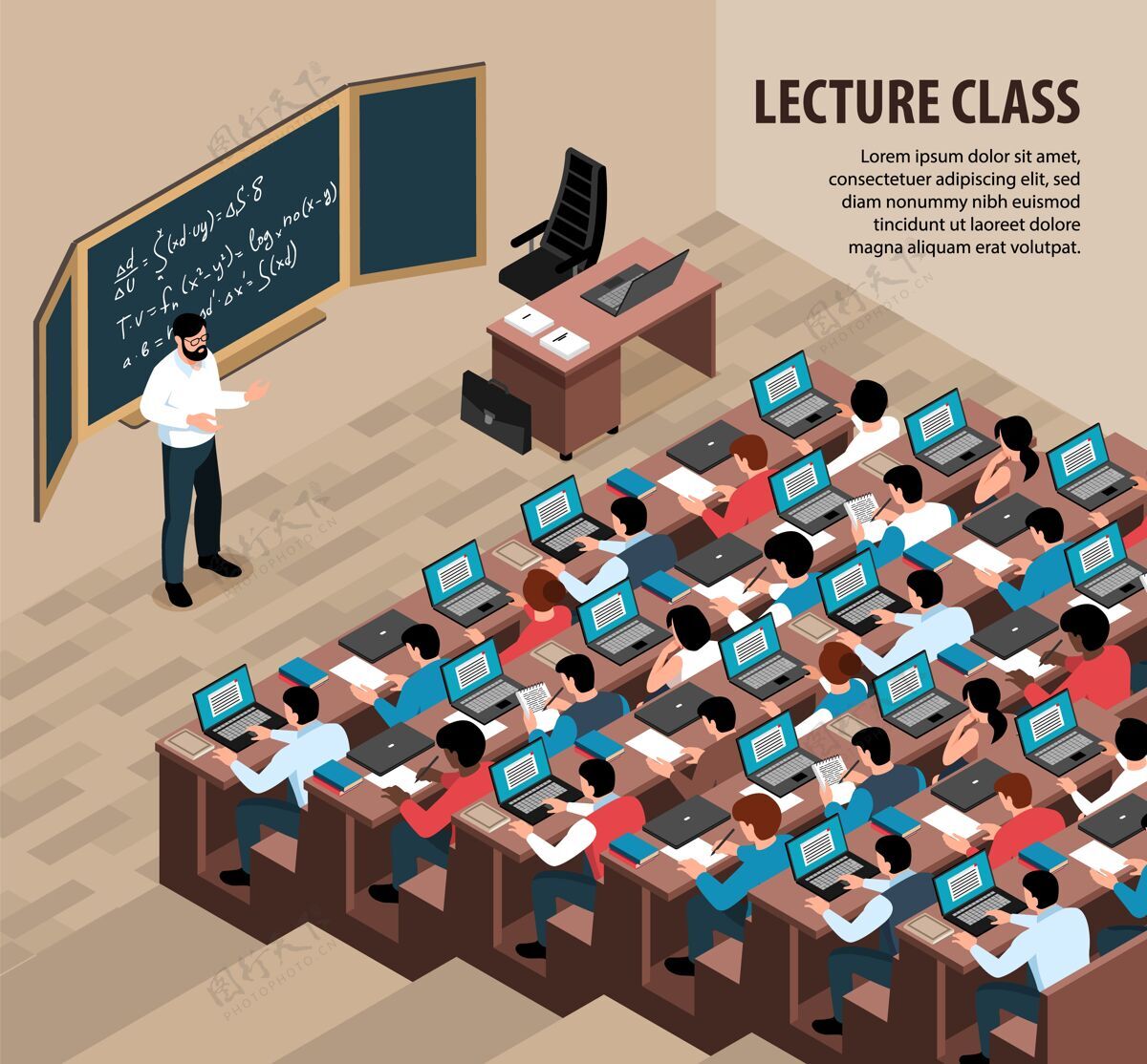 等距等轴测讲座课堂插图 室内风景教授在黑板前 学生拿着笔记本电脑学生黑板笔记本电脑