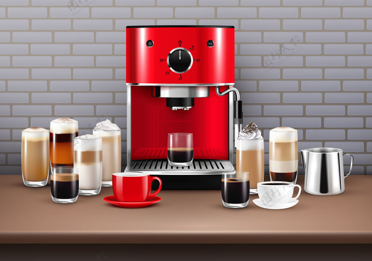 爱尔兰咖啡饮料与咖啡机和杯子的现实插图咖啡卡布奇诺出售