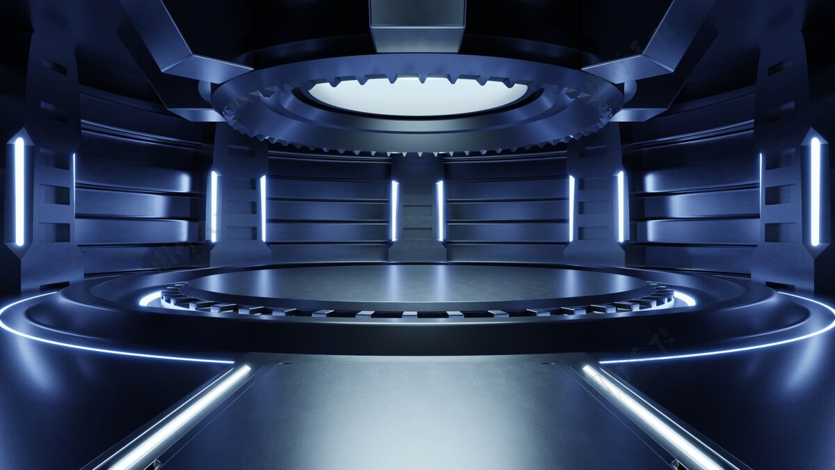 室内空旷的浅蓝色房间未来科幻大堂房间用浅蓝色 未来为设计 3d渲染实验室讲台数字