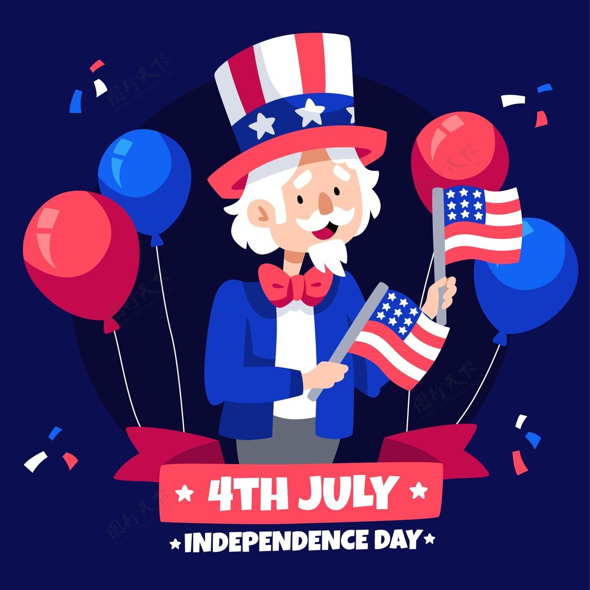 纪念手绘七月四日独立日插画美国7月4日气球
