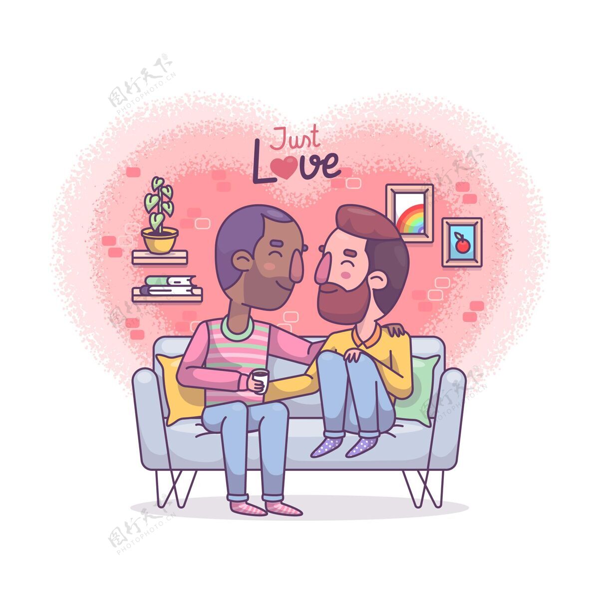 浪漫手绘同性恋夫妇插画同性恋爱情情侣