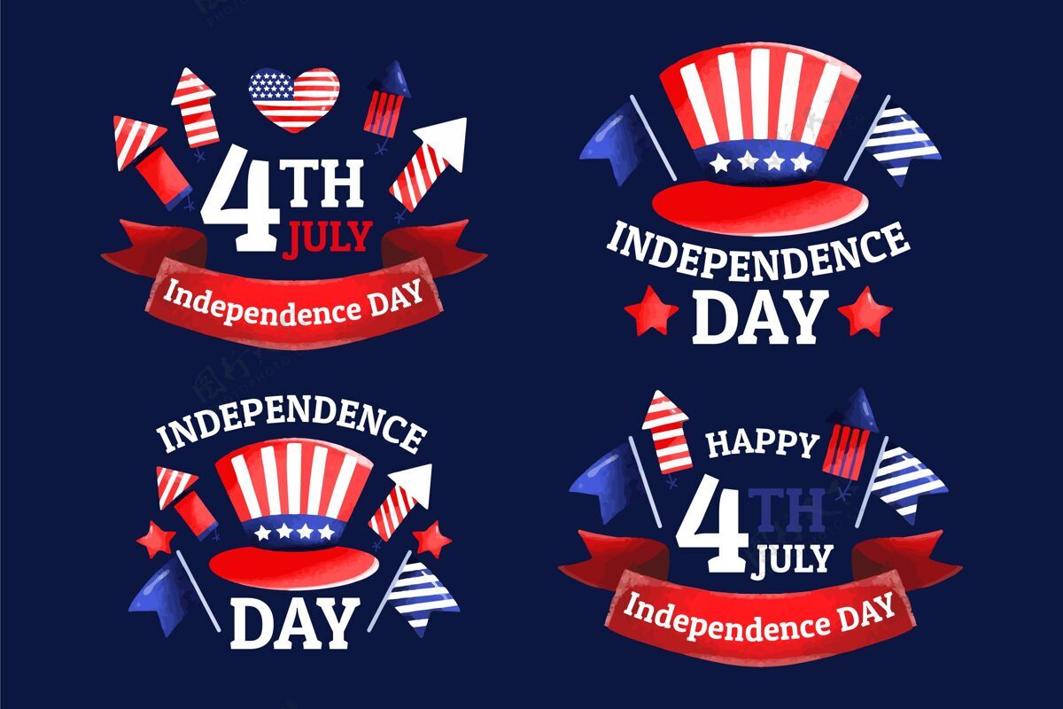 分类手绘七月四日-独立日标签收集套装独立宣言美国