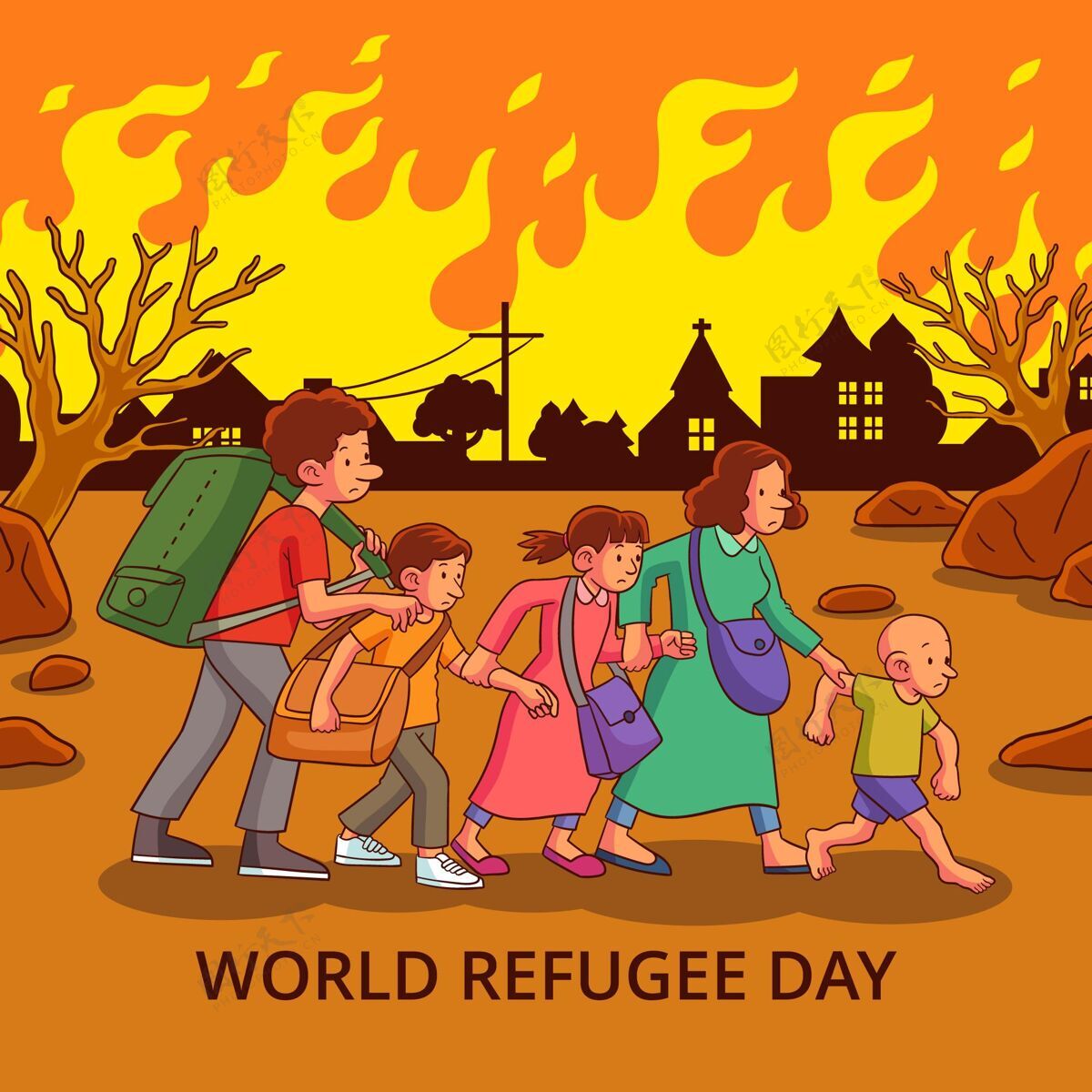 冲突手绘世界难民日插图难民日逃犯人权