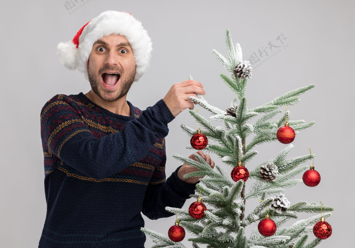 人令人印象深刻的年轻白种人戴着圣诞帽站在圣诞树旁抚摸着它看着隔离在白色背景下的相机圣诞树圣诞快乐触摸