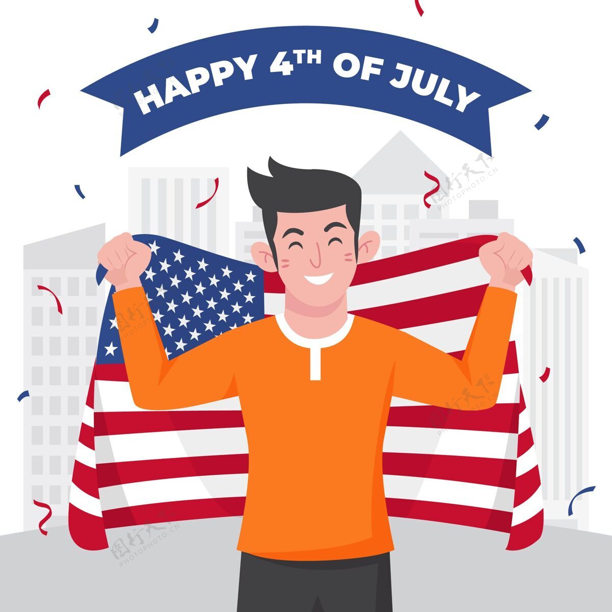 平面设计七月四日-独立日插画纪念美国贺卡