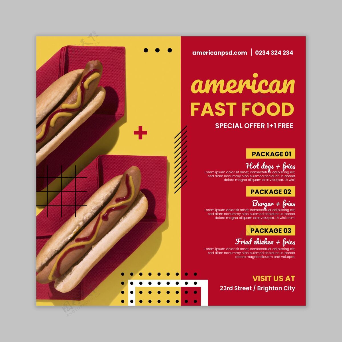 美食家美国食品方形传单模板方形准备印刷美式