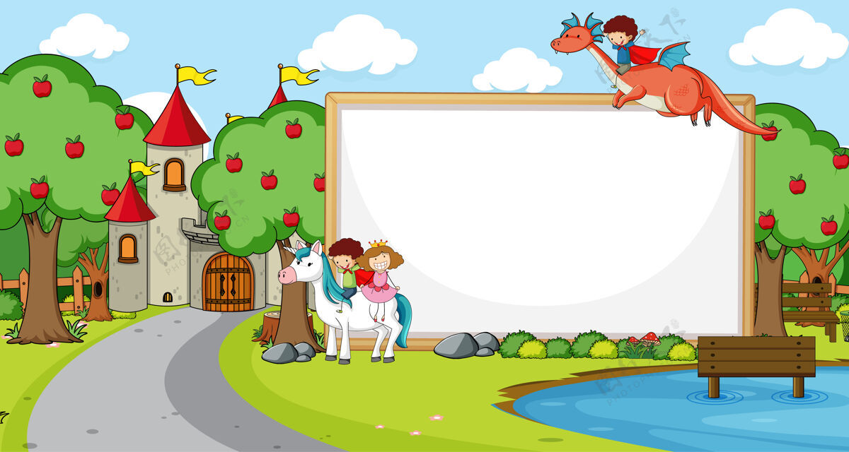 神话空白横幅在森林场景中加入童话卡通人物和元素树边界孩子