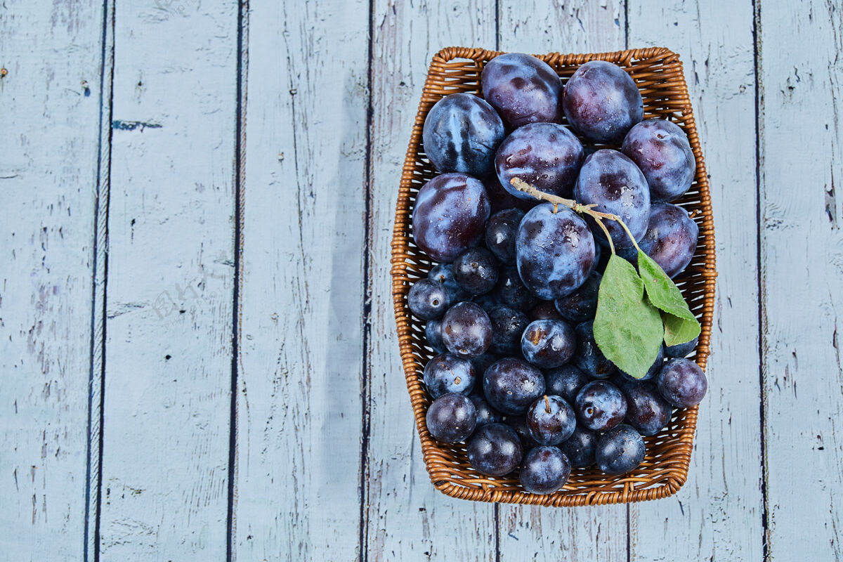李子花园李子在一个蓝背景篮子高品质的照片浆果农业水果