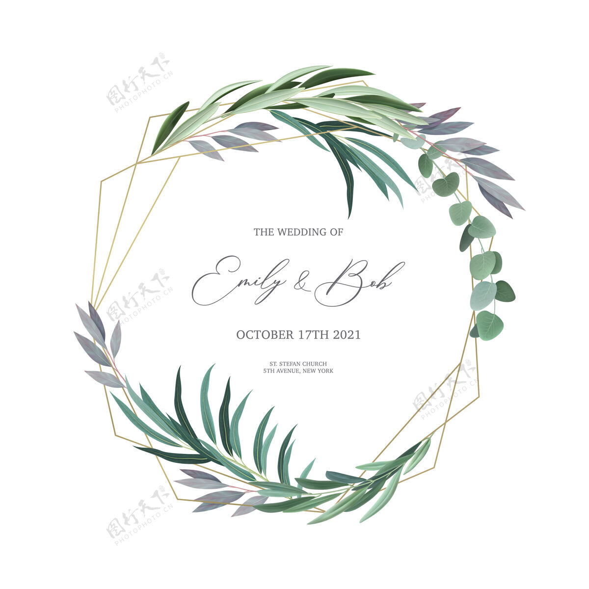 装饰现实的婚礼请柬与桉树叶和文本领域插图设计框架自然植物节日
