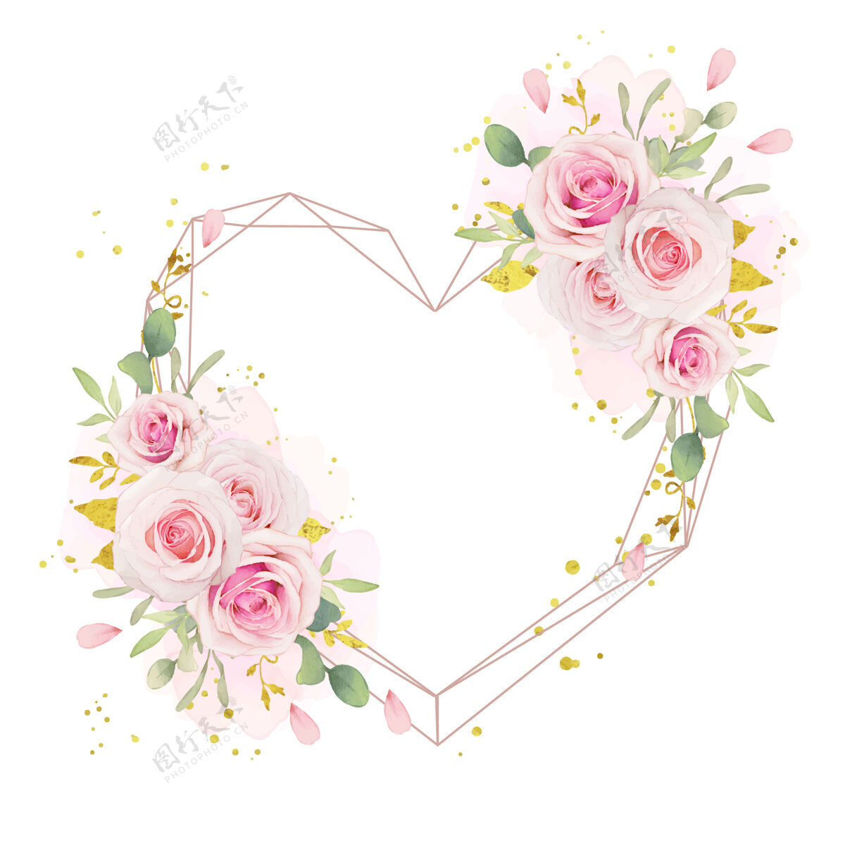 框架美丽的花环与水彩粉红玫瑰和黄金装饰植物水彩手绘
