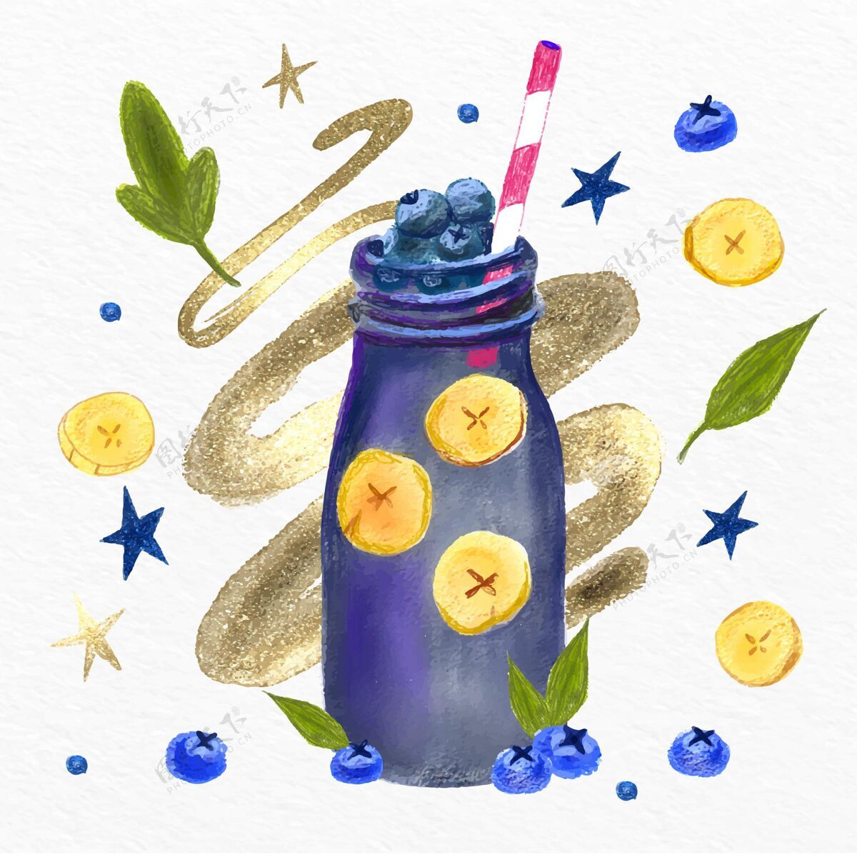 水果手绘水彩画果汁在搅拌机玻璃插图水彩画健康美味