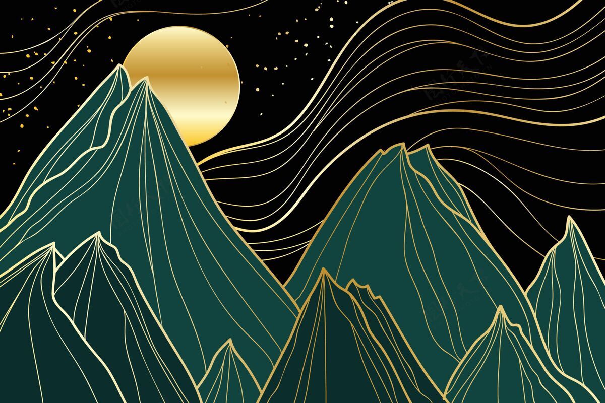 优雅渐变的金色线性背景与山脉和月亮金色渐变月亮背景