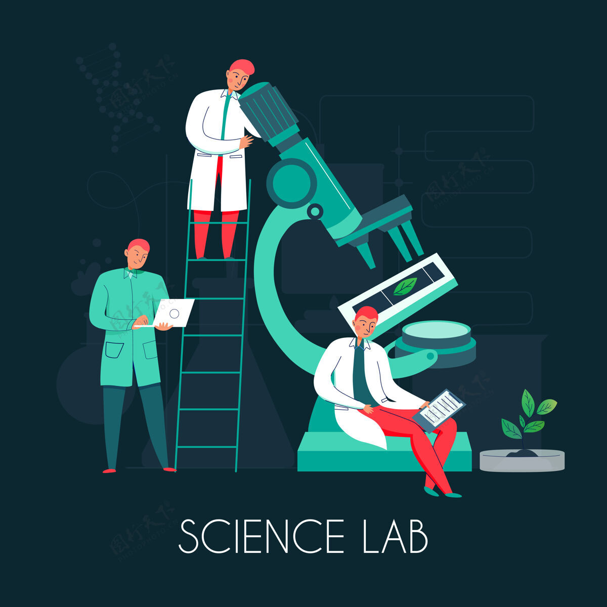 科学家科学显微镜与显微镜插图组成科学实验室研究科学