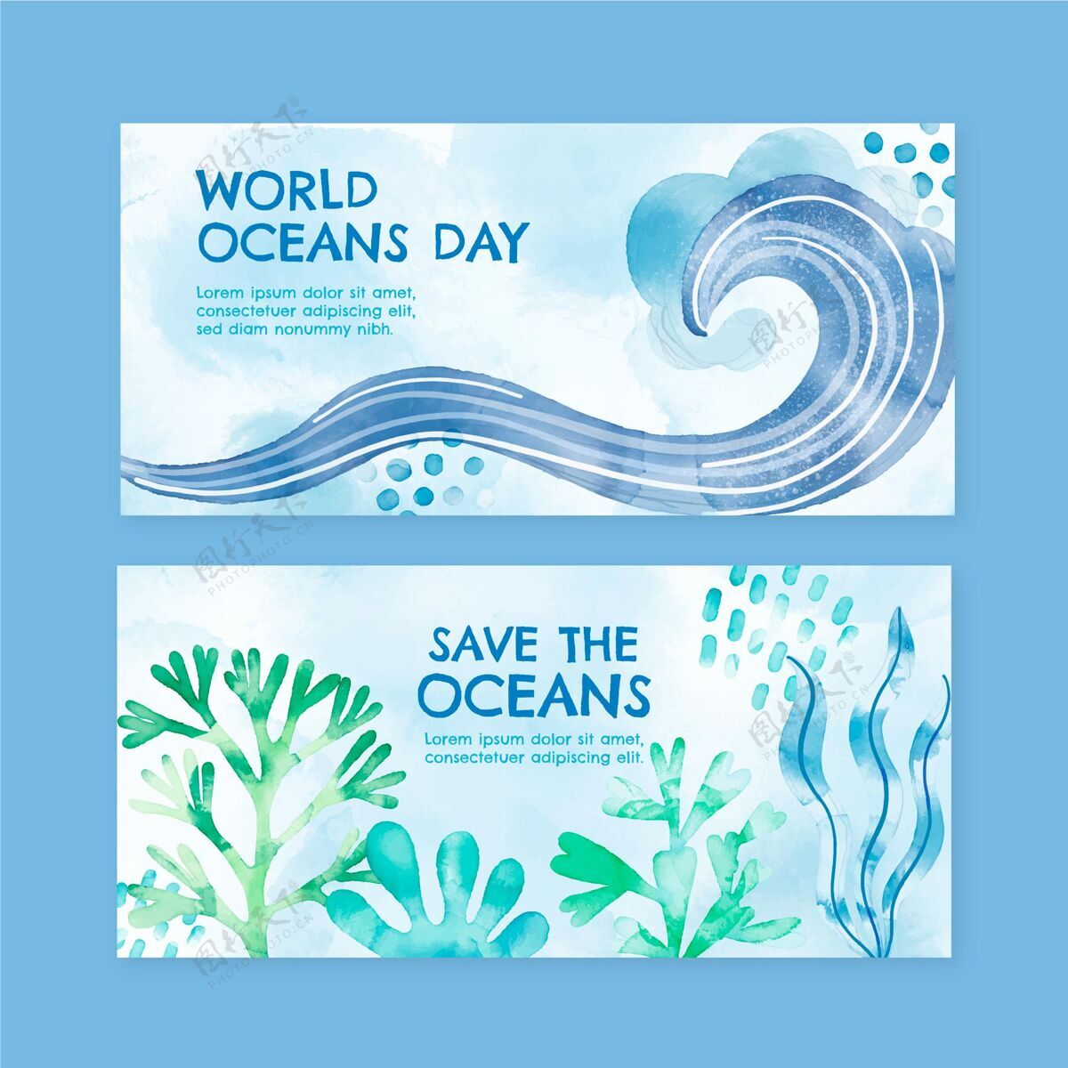 活动手绘水彩画世界海洋日横幅集海洋地球生态系统