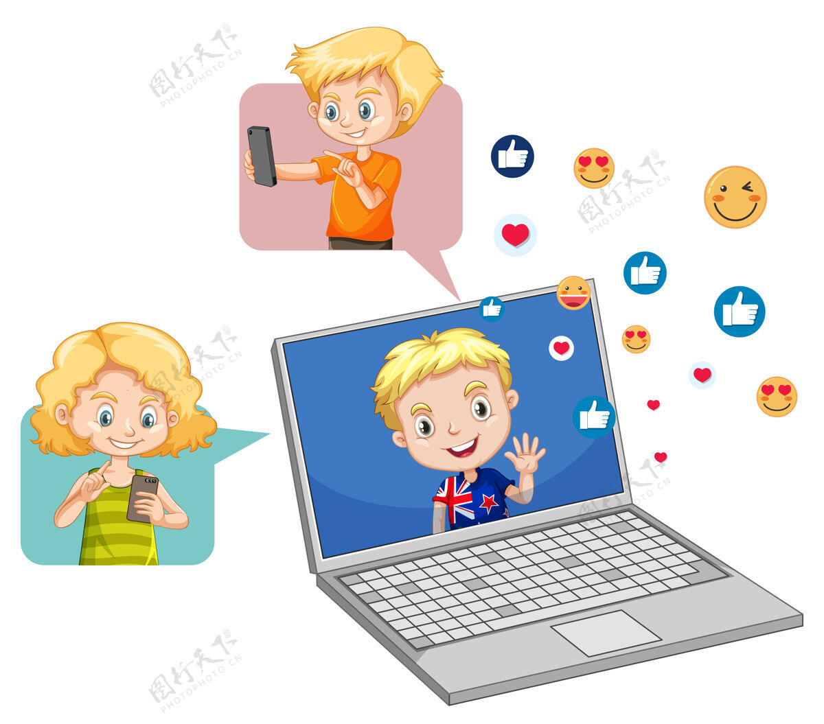 世界各地儿童与社会媒体的元素对白色信息角色互联网