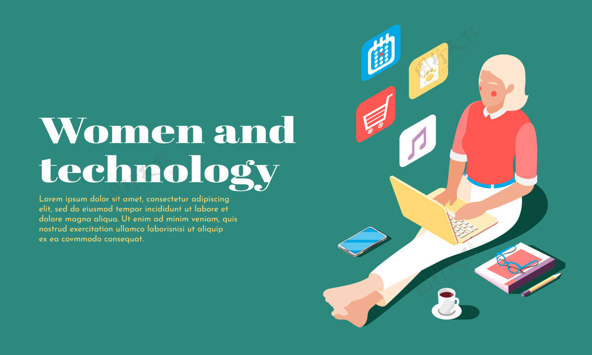 技术妇女和技术等轴测横幅与女性使用笔记本电脑进行网上购物等距女性笔记本电脑