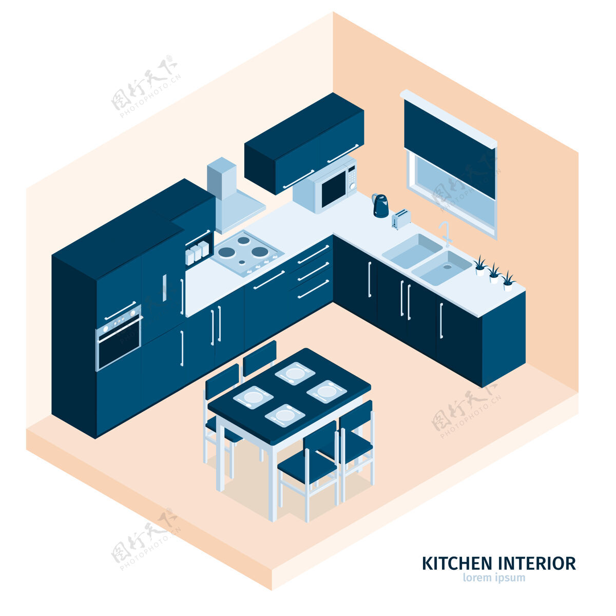 餐厅等距厨房组成与文字和餐厅的室内视图与炉灶厨具和橱柜炉子室内厨具