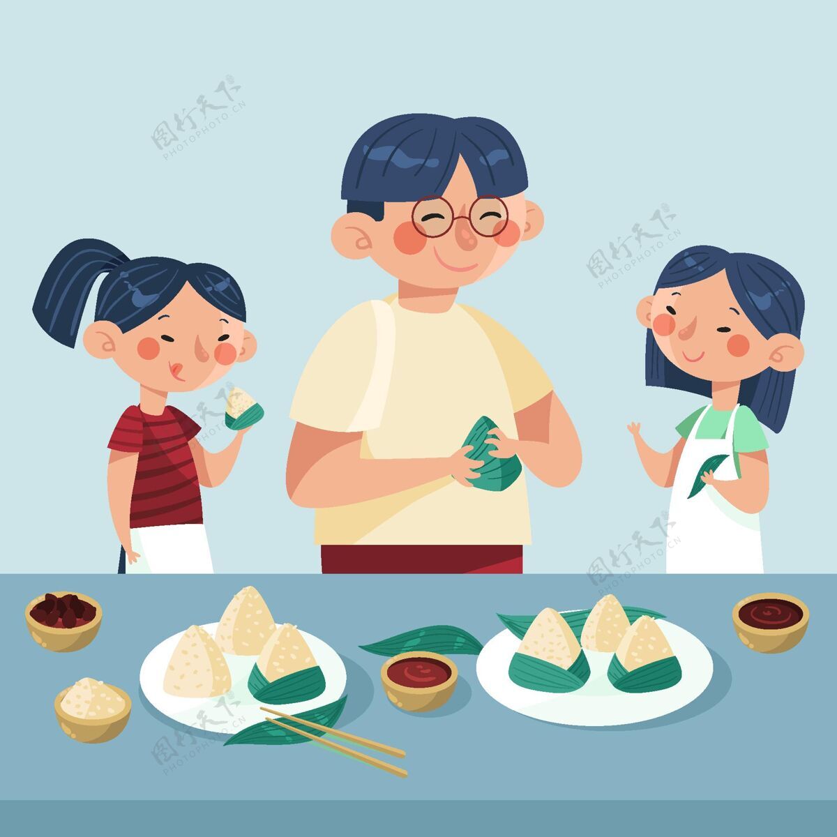 家庭准备粽子有机扁舟一家准备吃粽子插画传统节日端午