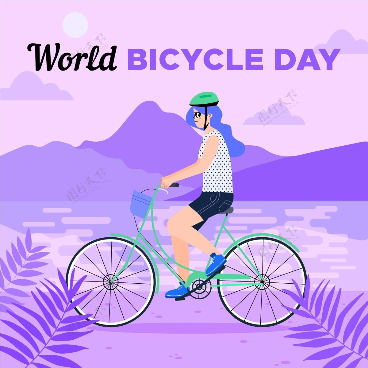 环保有机平面世界自行车日插画活动自行车全球