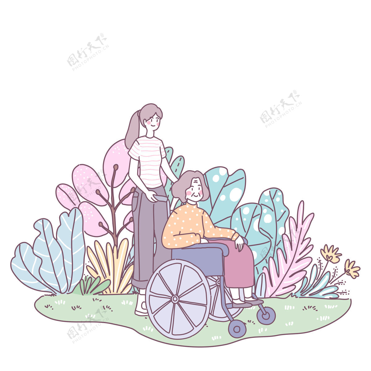残疾女儿带妈妈去坐威尔希尔去草坪上散步男人女儿女人