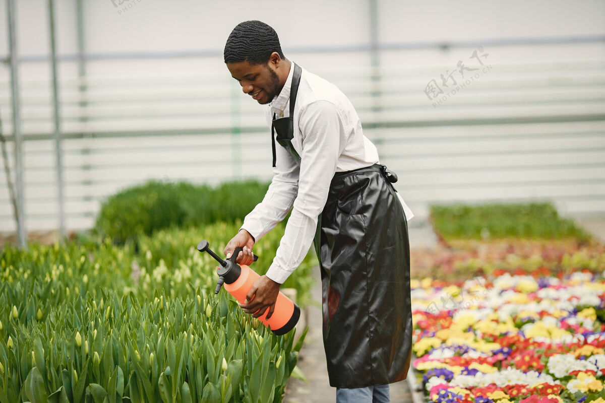 围裙非洲园丁带浇水罐的园丁花坛快乐后院帅哥