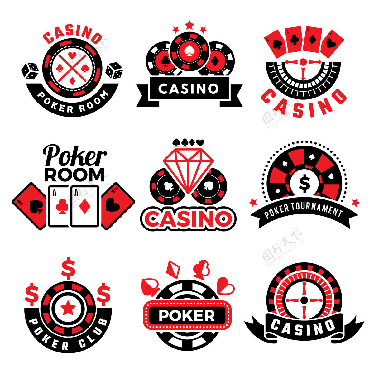 Black赌场和扑克标志与游戏筹码集ShapesLuckyWheel