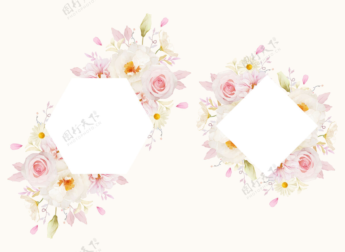 手绘美丽的花卉框架与水彩粉红玫瑰大丽花和白牡丹套装乡村水彩