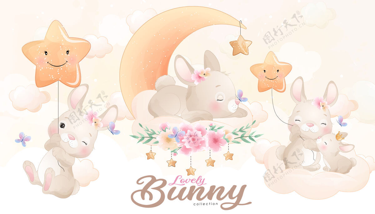 母性可爱的小兔子与水彩插图集动物花婴儿淋浴
