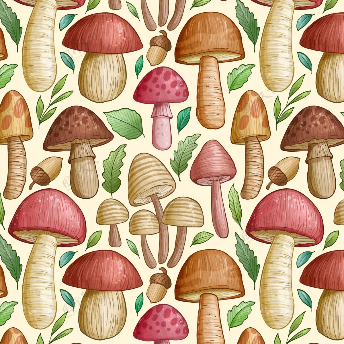重复手绘蘑菇图案水彩无缝蘑菇