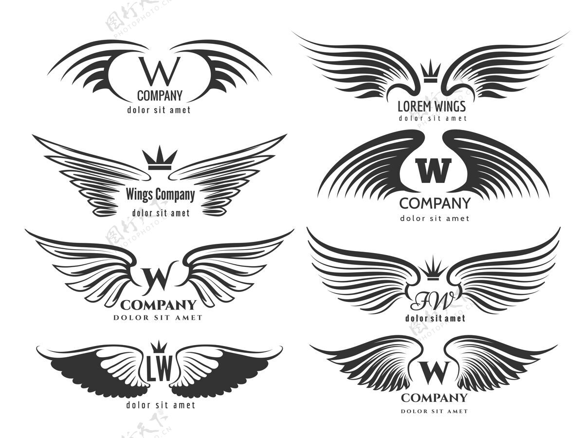 商业翅膀标志集鸟翅膀或翅膀的标志设计隔离在白色背景上对翅膀的鸟或天使的商业标志插图天使飞行黑色