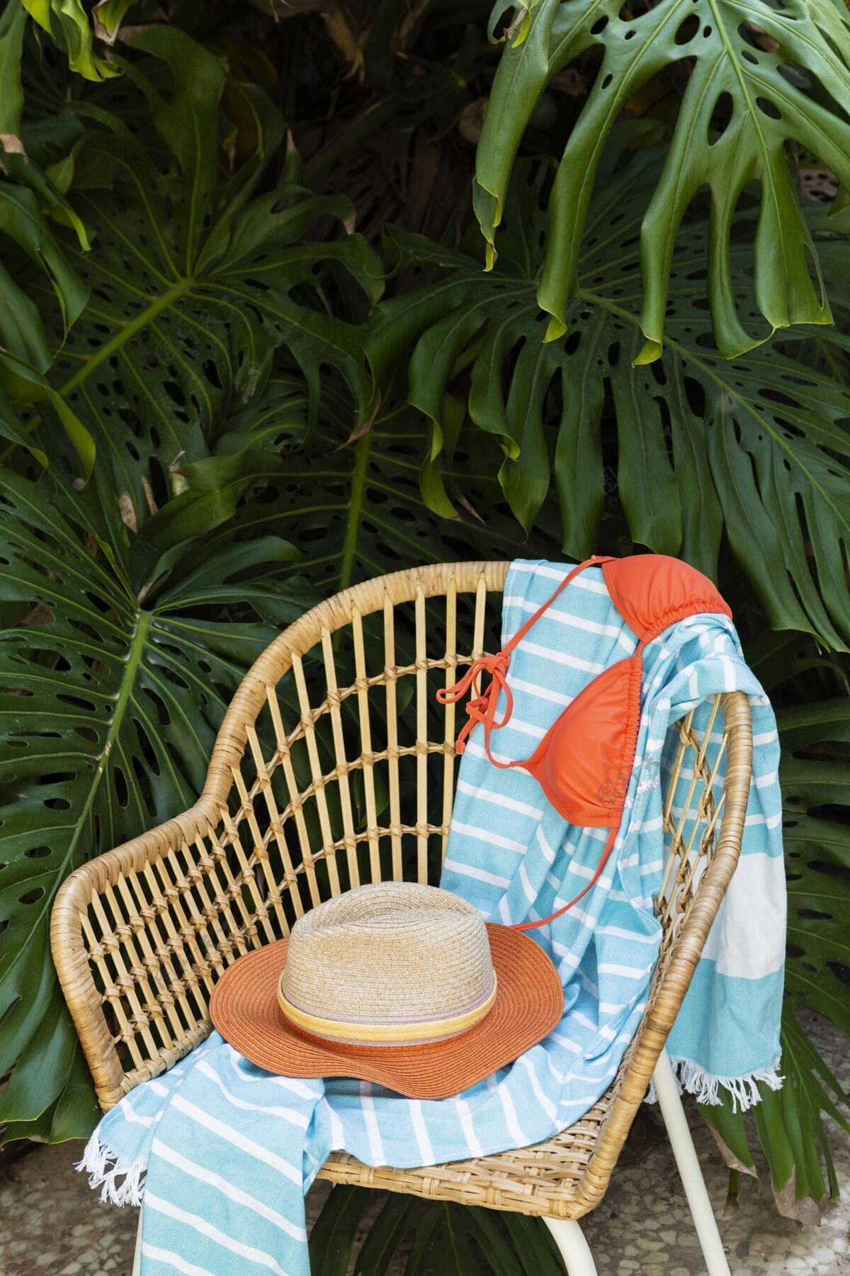 垂直草椅和帽子的安排旅游夏天安排