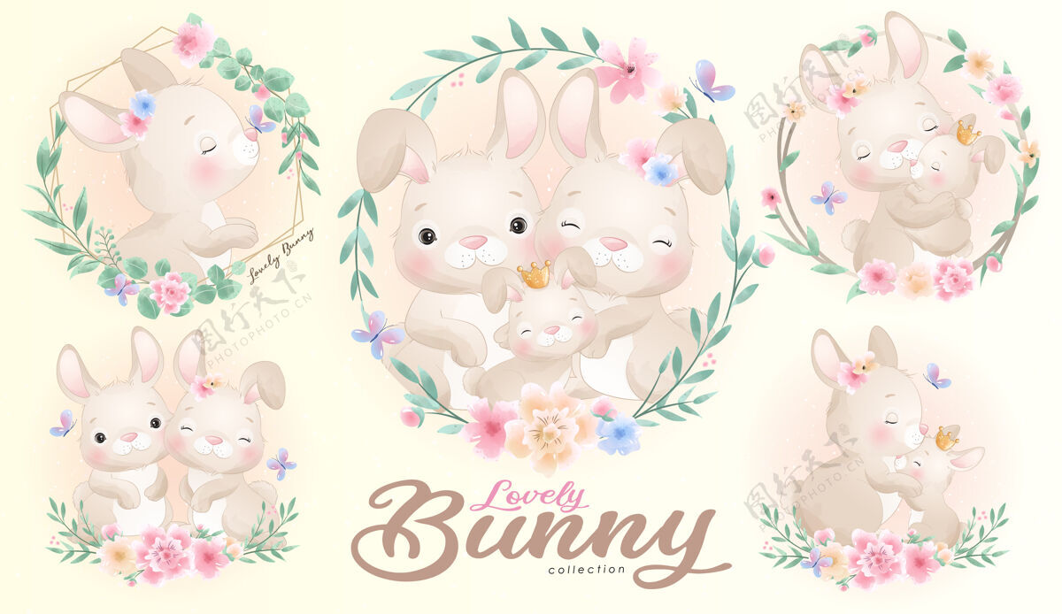 父亲节可爱的小兔子与水彩插图集母亲节花素描