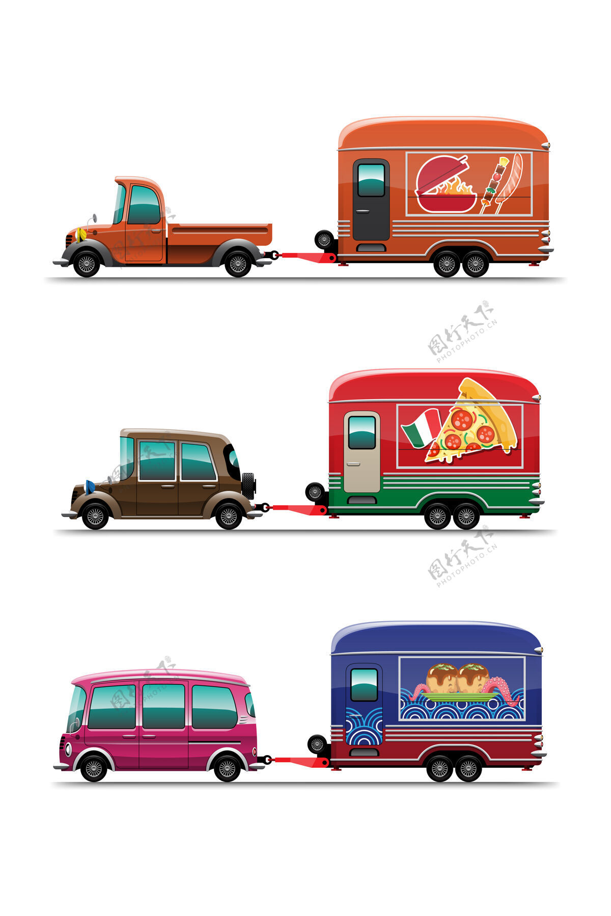 车轮一套拖车食品车 带bar-b-q烤架 比萨饼和东京日本食品店 白色背景上有绘画风格的平面插图送货菜单促销