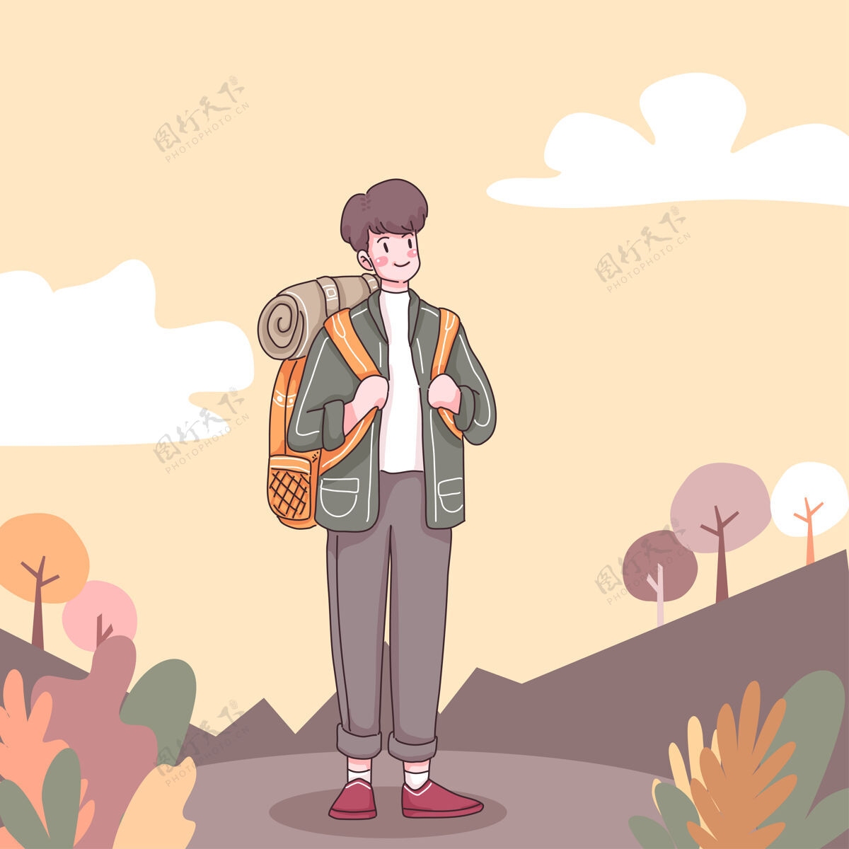度假前面的冒险者带着背包去远足和攀岩中的卡通人物 平面插图旅游旅行假日