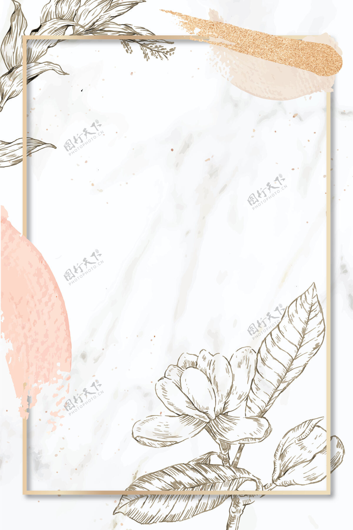 贺卡长方形框架与毛笔和轮廓花卉装饰大理石背景邀请空白标签