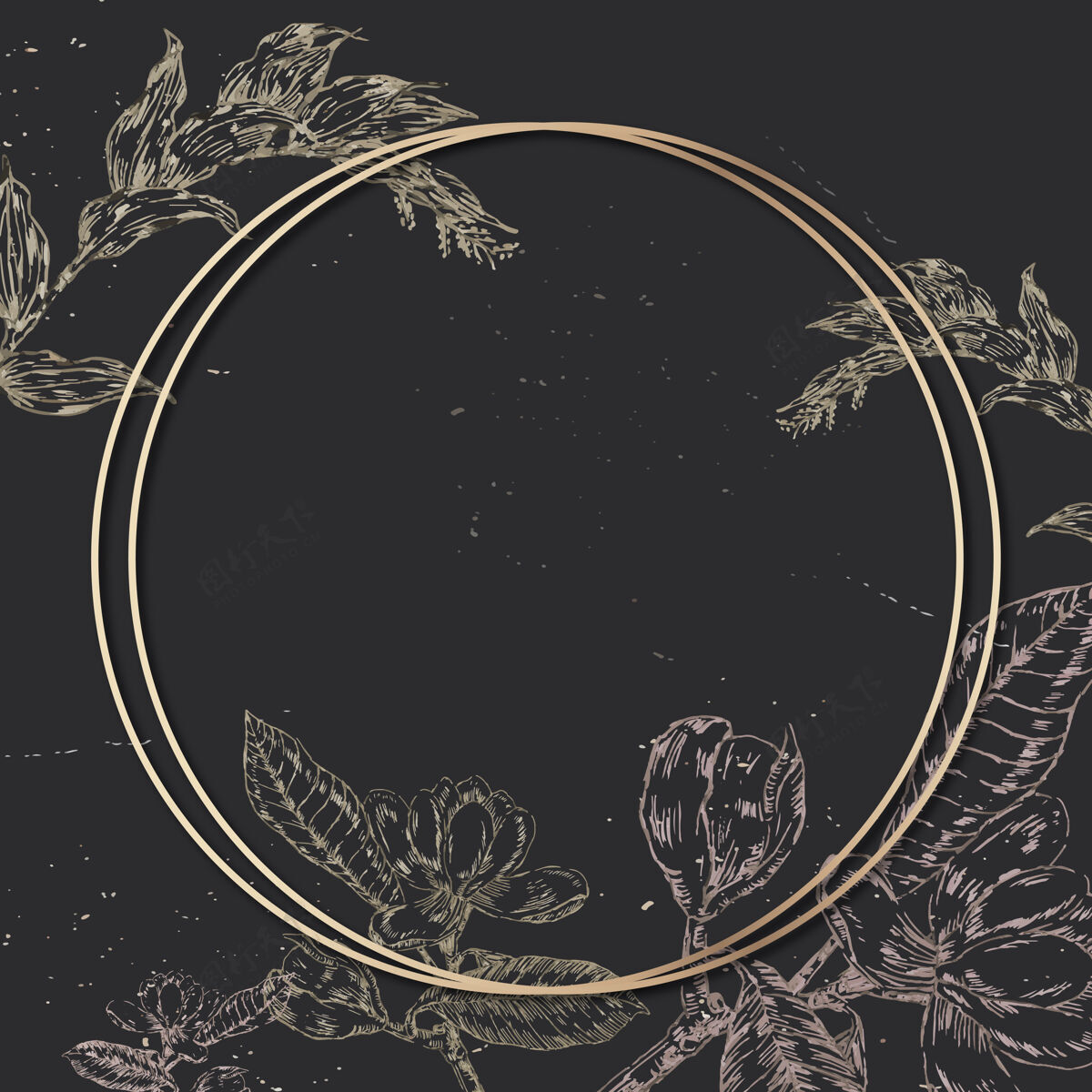 圆形黑色背景上有一个轮廓花卉装饰的空白圆形金色框架叶子花卉优雅
