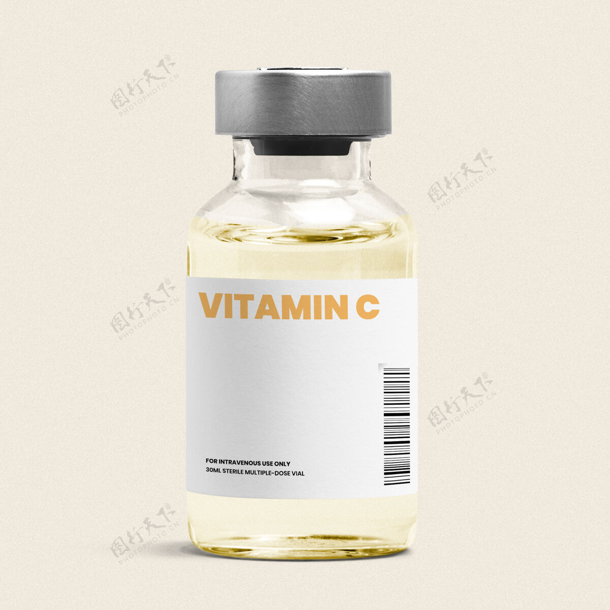 黄色维生素c注射液在一个玻璃瓶黄色液体瓶标签剂量文字