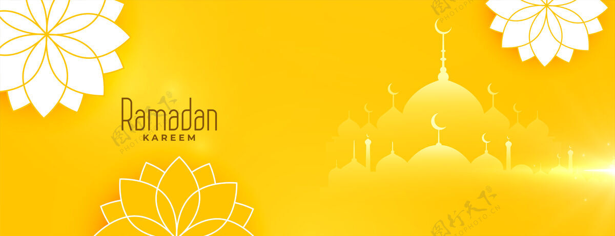 创意美丽的斋月卡里姆黄花横幅设计场合阿拉伯语伊斯兰
