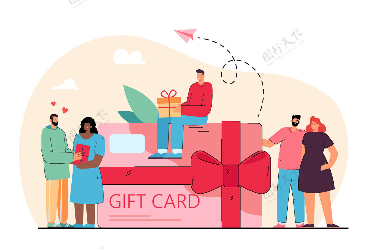 促销小人物附近的巨型礼品卡券从商店平面插图人物客户礼物