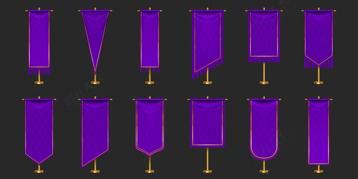 紫色紫色和金色的旗帜模型 不同边缘形状的空白垂直横幅挂在旗杆上金色空垂直