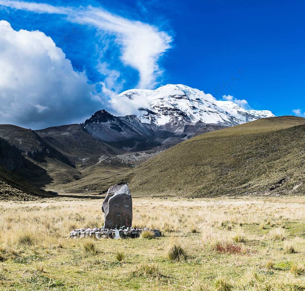 高厄瓜多尔的奇姆博拉佐火山在蓝天白云下环境田野草