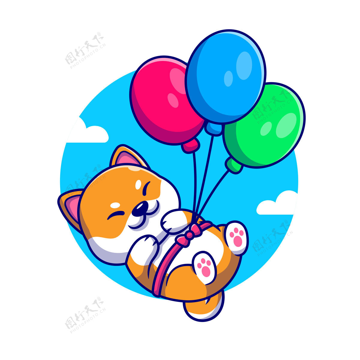 坐着可爱的石坝犬漂浮气球卡通插画狗有趣飞